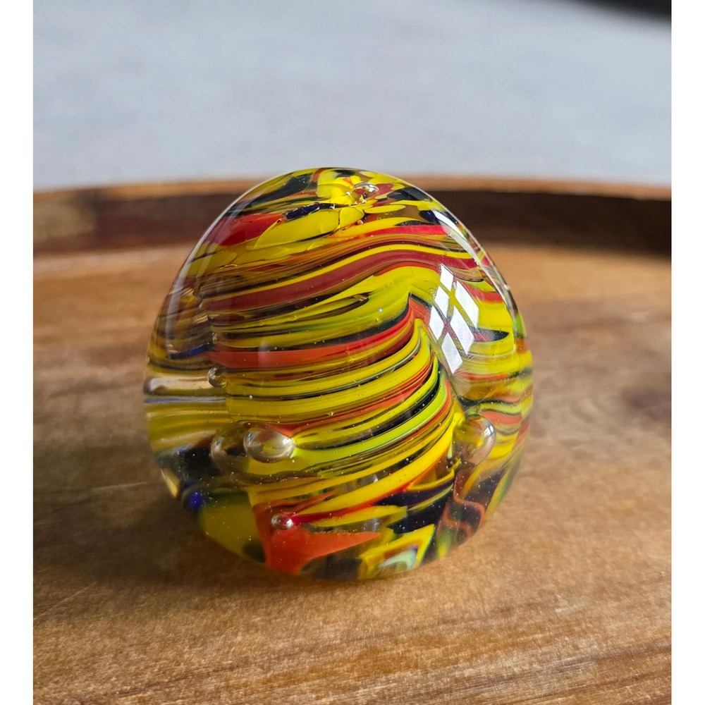 Vintage Hand Blown Art Glass Paperweight Yellow Red Black Swirl Bubble